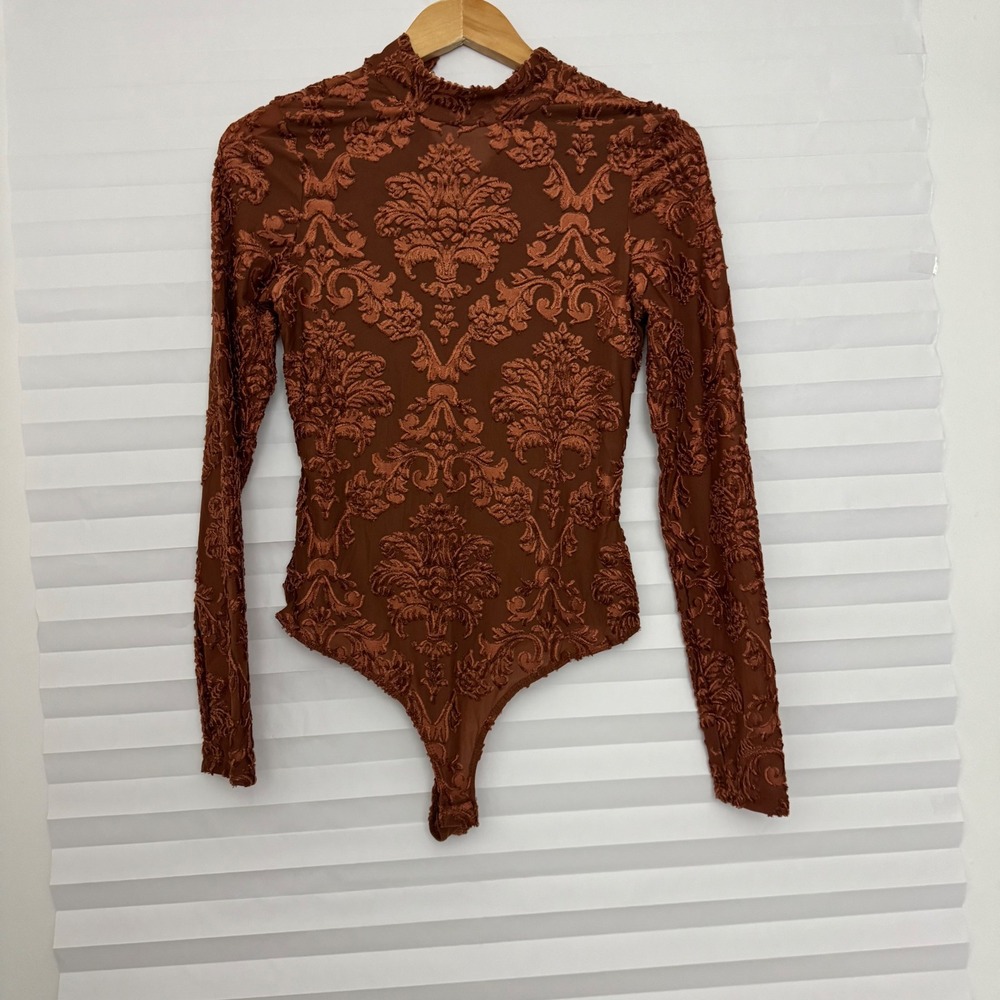 AKIRA Brown Damask Flocked Mesh Bodice Mock Neck Long Sleeve‎ Thong Bodysuit L